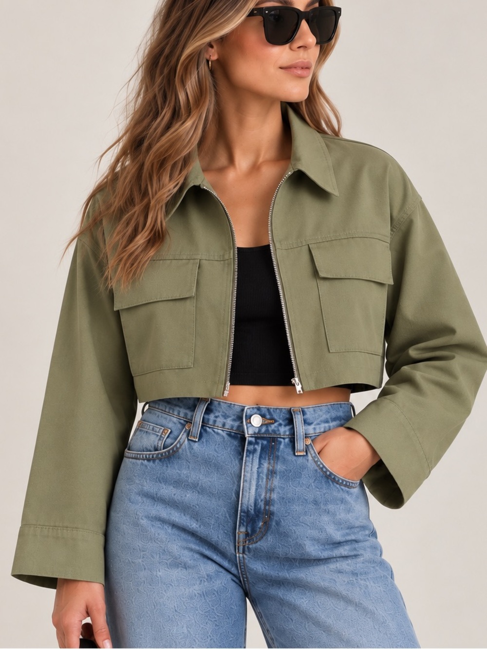NWT Zara Olive Green Cropped Utility Zip Jacket Oversized Boxy Fit size L